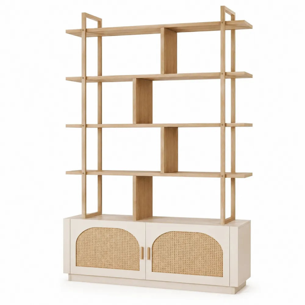 libreria da ufficio con scaffali aperti e mobile base con ante in rattan PE struttura in legno ingegnerizzato colore legno naturale 180 cm x 120 cm x 35 cm