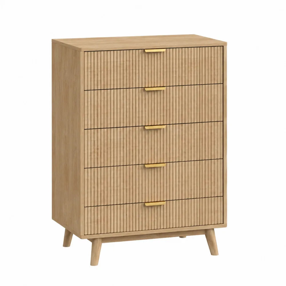 Cassettiera 5 cassetti in MDF effetto rovere chiaro gambe in legno massello maniglie in metallo dorato colore rovere chiaro