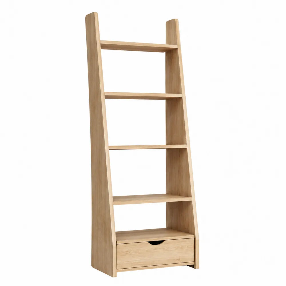 Libreria scaffale a scala 180 cm x 80 cm x 35 cm in legno ingegnerizzato effetto legno naturale chiaro con 4 ripiani aperti e cassetto inferiore