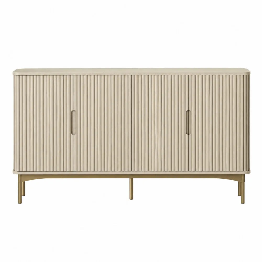Credenza buffet 160 x 40 x 80 cm in MDF colore crema con ante scanalate e gambe in metallo finitura oro struttura rettangolare
