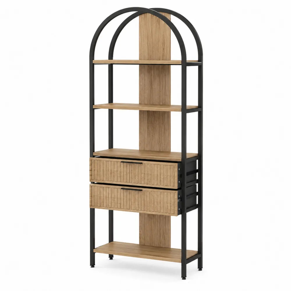 libreria da ufficio con struttura ad arco in acciaio nero e legno ingegnerizzato con due cassetti in rattan PE 180 cm x 80 cm x 35 cm