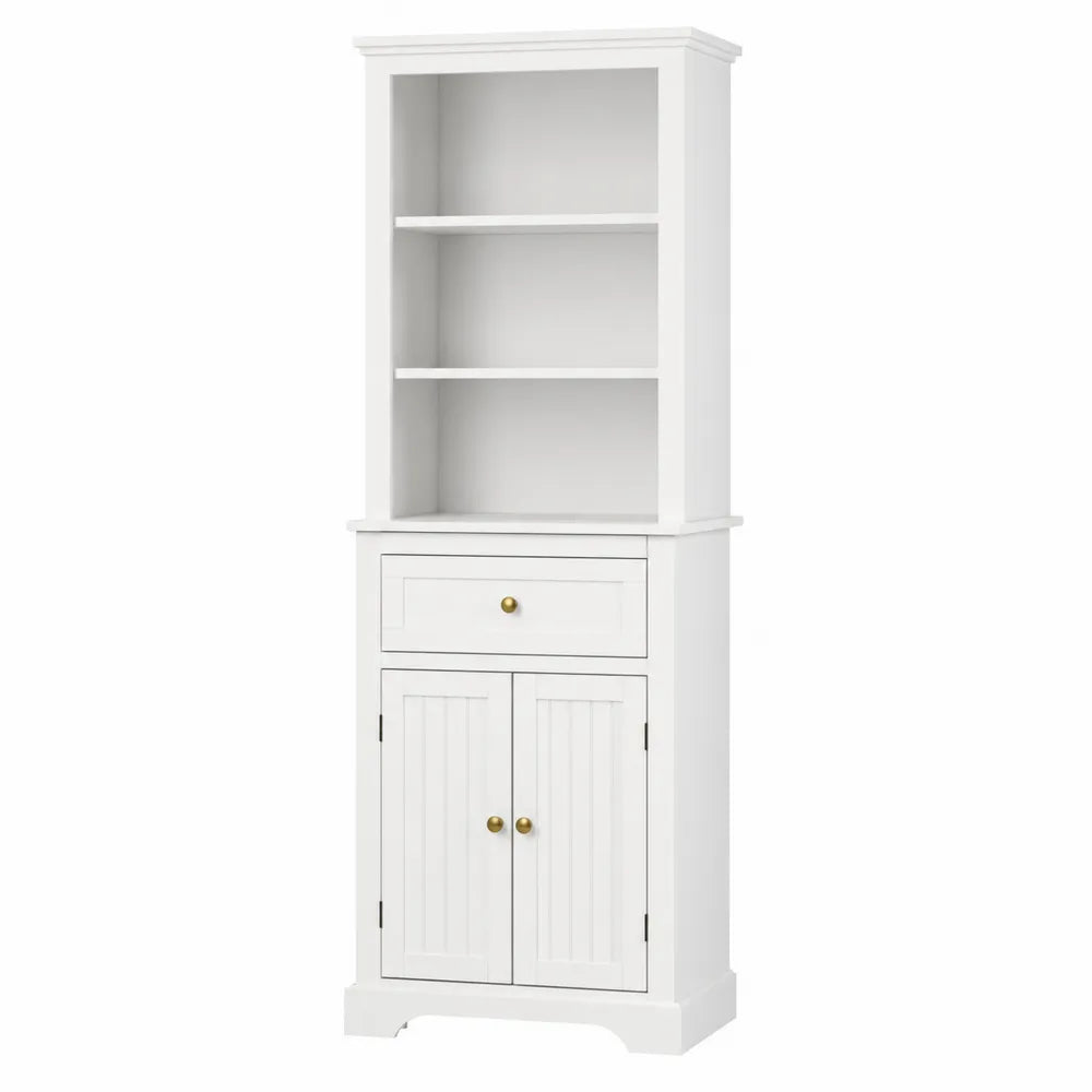 Credenza contenitore in MDF bianco con ripiani aperti cassetto e ante doppie struttura in legno ingegnerizzato bianco con maniglie oro 80 cm larghezza 40 cm profondità 180 cm altezza