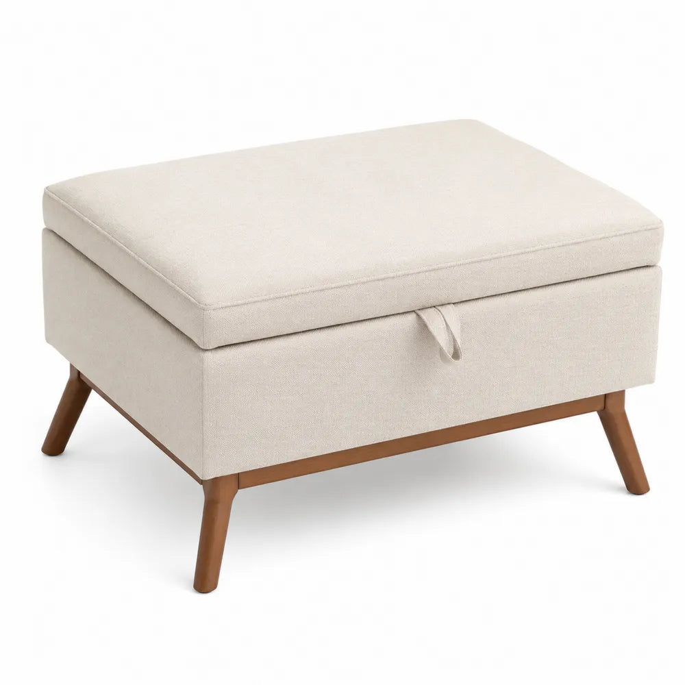Panca contenitore imbottita in tessuto poliestere beige con gambe in legno naturale e vano portaoggetti 100 cm x 40 cm x 45 cm