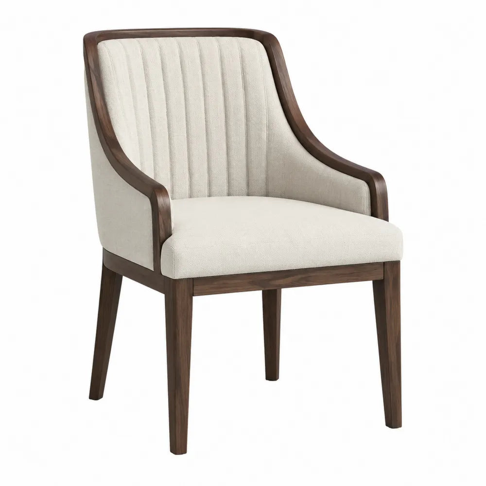 Sedia da pranzo imbottita con braccioli struttura in legno massello effetto noce seduta in tessuto beige schienale curvo 52 x 55 x 82 cm