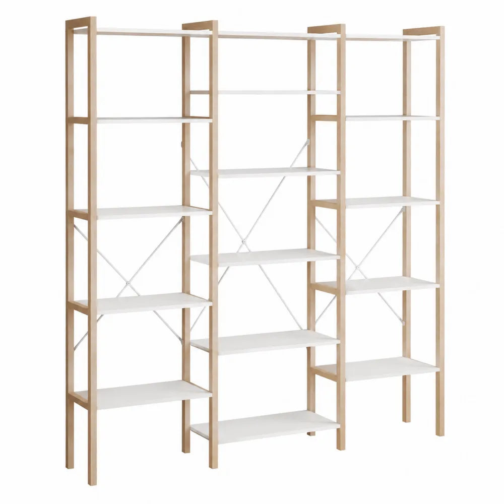 Libreria scaffale modulare a più colonne in legno ingegnerizzato e metallo colore bianco e legno naturale
