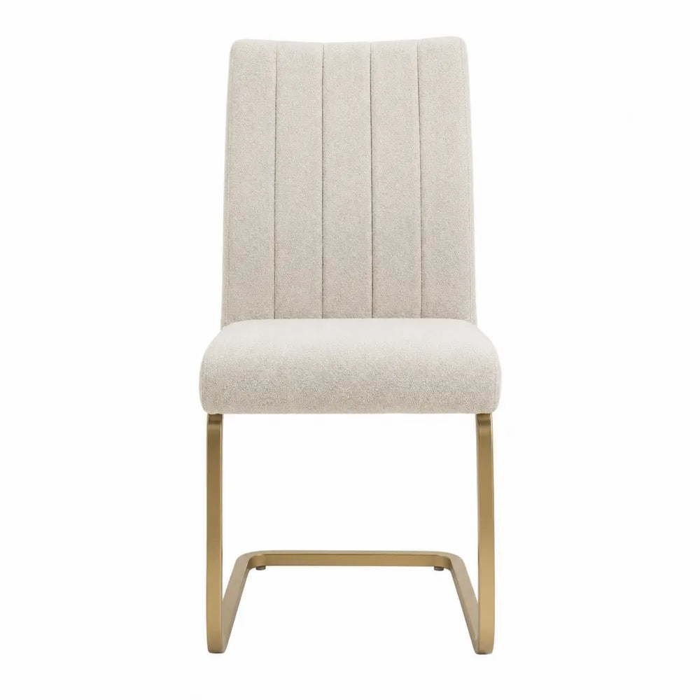 Sedia da pranzo imbottita in tessuto bouclé beige struttura a slitta in acciaio verniciato oro dimensioni larghezza 45 cm profondità 55 cm altezza 85 cm