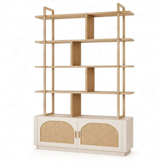 libreria da ufficio con scaffali aperti e mobile base con ante in rattan PE struttura in legno ingegnerizzato colore legno naturale 180 cm x 120 cm x 35 cm