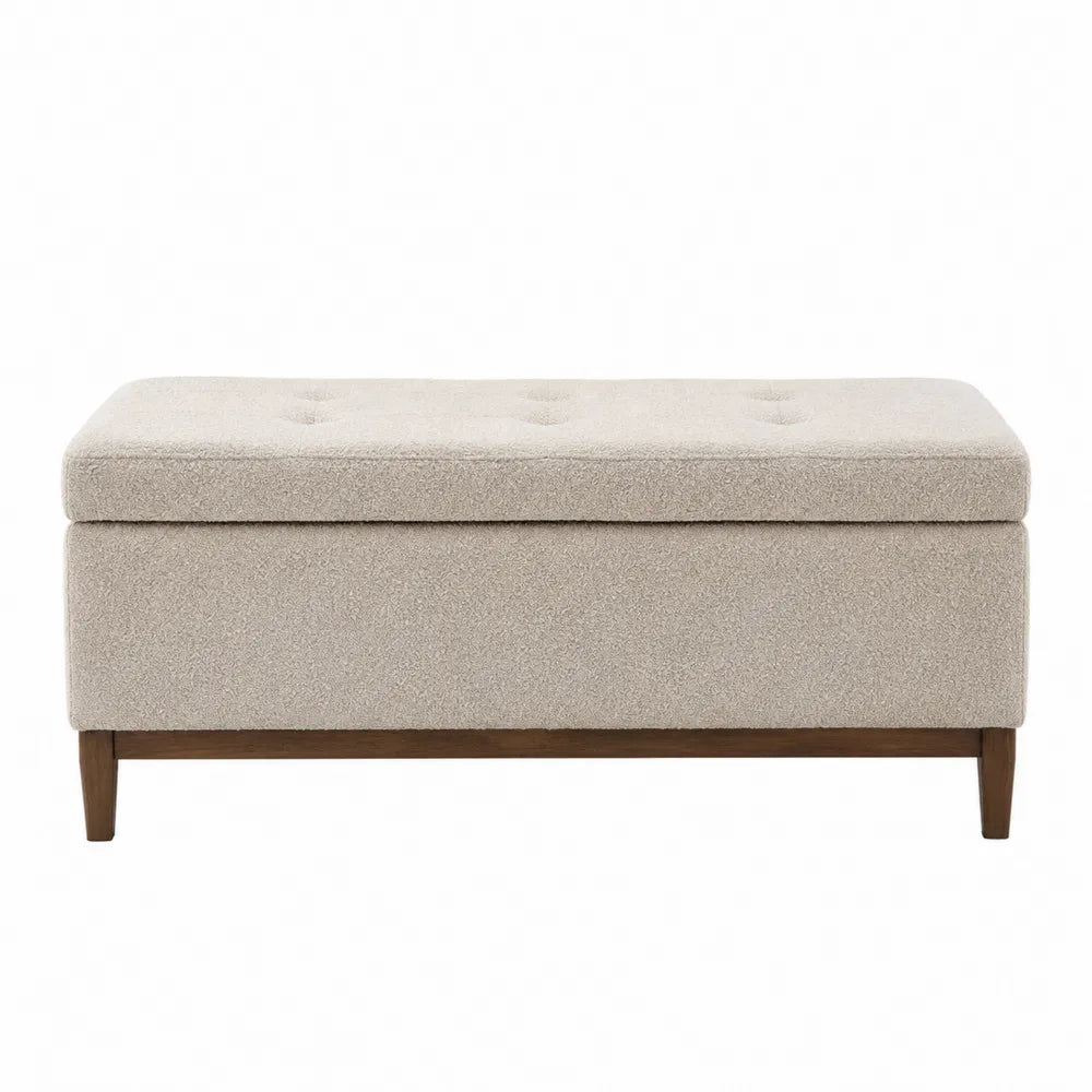 Panca contenitore imbottita rettangolare in tessuto bouclé poliestere beige chiaro con gambe in legno massello 120 cm x 60 cm x 45 cm