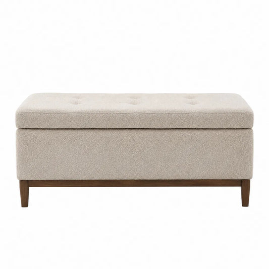 Panca contenitore imbottita rettangolare in tessuto bouclé poliestere beige chiaro con gambe in legno massello 120 cm x 60 cm x 45 cm