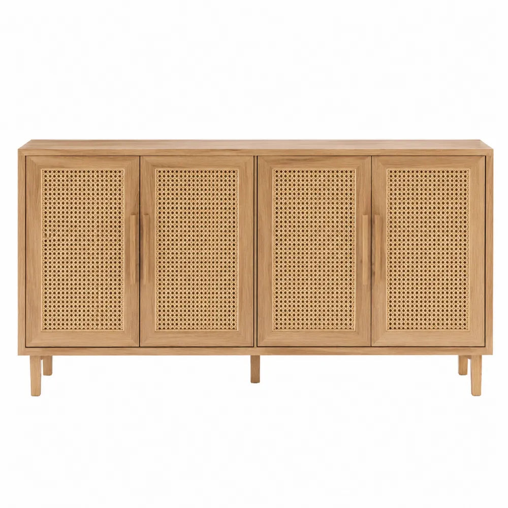 Cassettiera 4 ante in MDF impiallacciato rovere naturale con frontali in rattan naturale e gambe in legno massello 160x40x80 cm rettangolare
