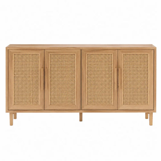 Cassettiera 4 ante in MDF impiallacciato rovere naturale con frontali in rattan naturale e gambe in legno massello 160x40x80 cm rettangolare