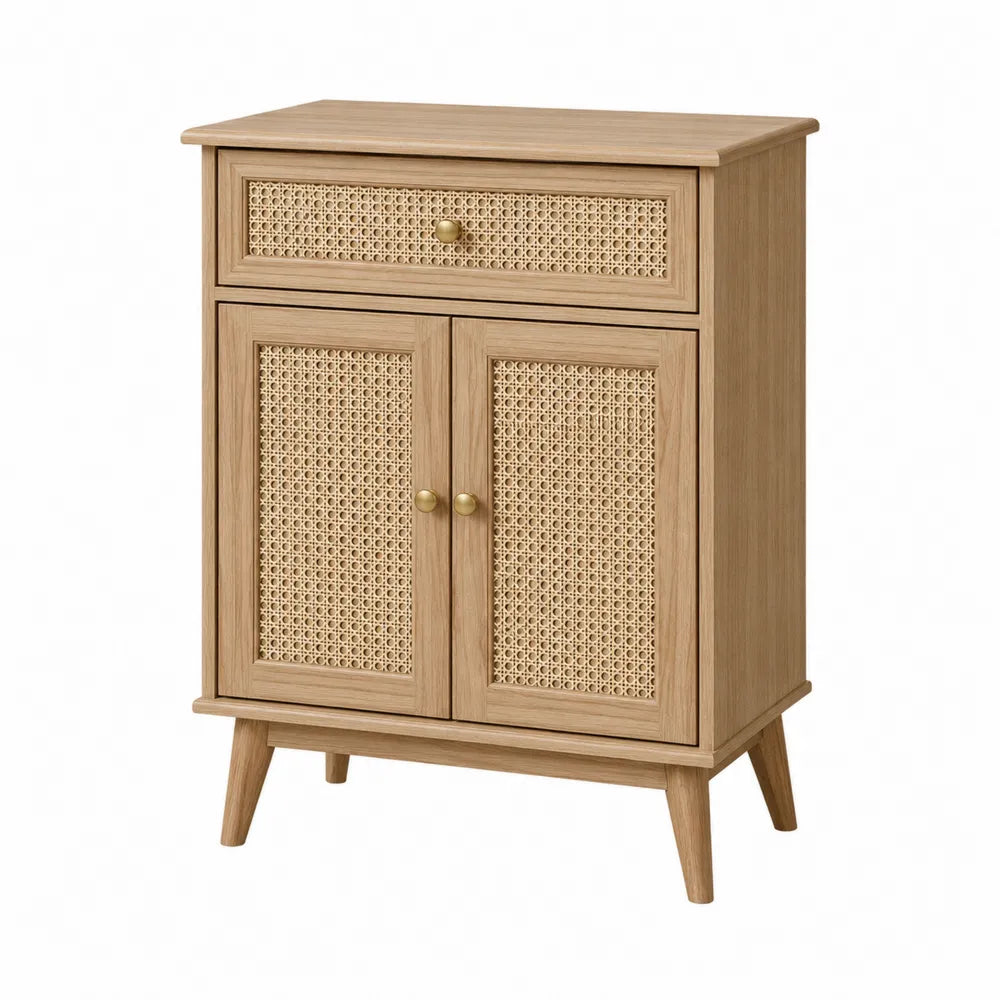 Credenza in legno massello con ante in rattan naturale e cassetto superiore 70 x 40 x 85 cm colore quercia naturale maniglie in metallo ottone struttura rettangolare