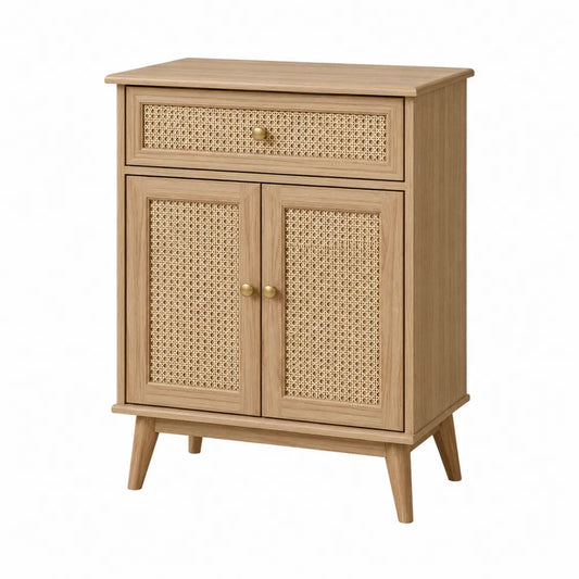 Credenza in legno massello con ante in rattan naturale e cassetto superiore 70 x 40 x 85 cm colore quercia naturale maniglie in metallo ottone struttura rettangolare