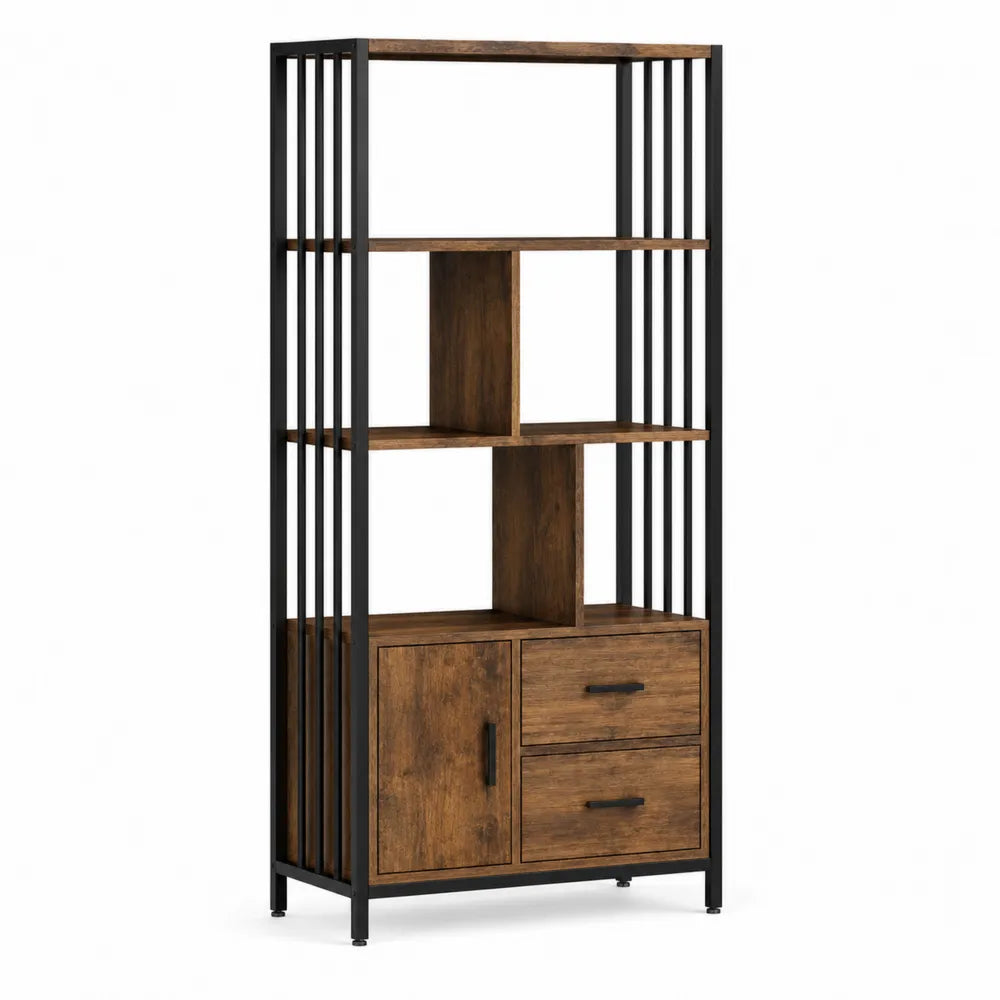 Libreria scaffale da ufficio 180 cm x 80 cm x 35 cm in acciaio verniciato nero e MDF effetto legno marrone con ripiani aperti cassetti e armadietto