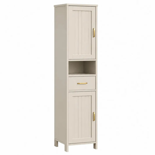 mobile contenitore alto a colonna in MDF colore beige con anta e cassetto e vano a giorno 50 cm x 35 cm x 180 cm