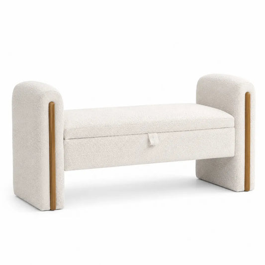 Panca contenitore poggiapiedi in tessuto bouclé beige con struttura in legno 120 x 45 x 55 cm vano portaoggetti e seduta imbottita