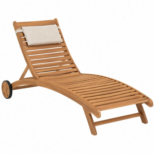 Lettino da esterno chaise longue reclinabile in legno massello di teak con ruote e cuscino beige 200 cm x 65 cm x 80 cm