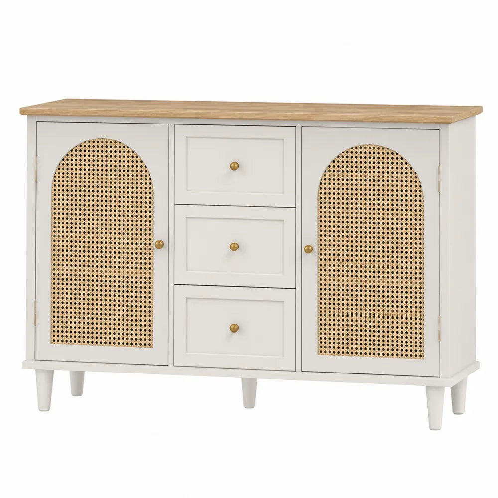 Credenza contenitore in MDF con ante in rattan e cassetti centrali 120 x 40 x 80 cm piano in legno colore bianco crema struttura rettangolare