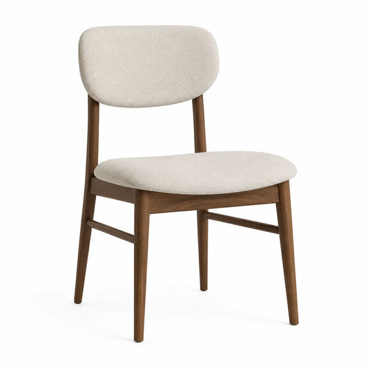 Sedia da pranzo in legno massello di rovere con seduta e schienale imbottiti in tessuto beige larghezza 50 cm profondità 55 cm altezza 85 cm