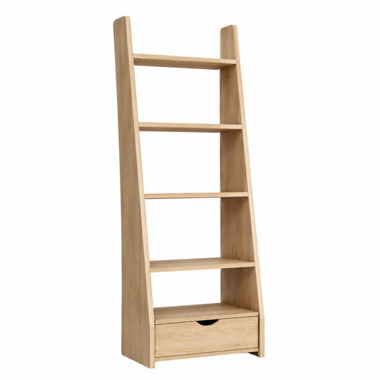 Libreria scaffale a scala 180 cm x 80 cm x 35 cm in legno ingegnerizzato effetto legno naturale chiaro con 4 ripiani aperti e cassetto inferiore