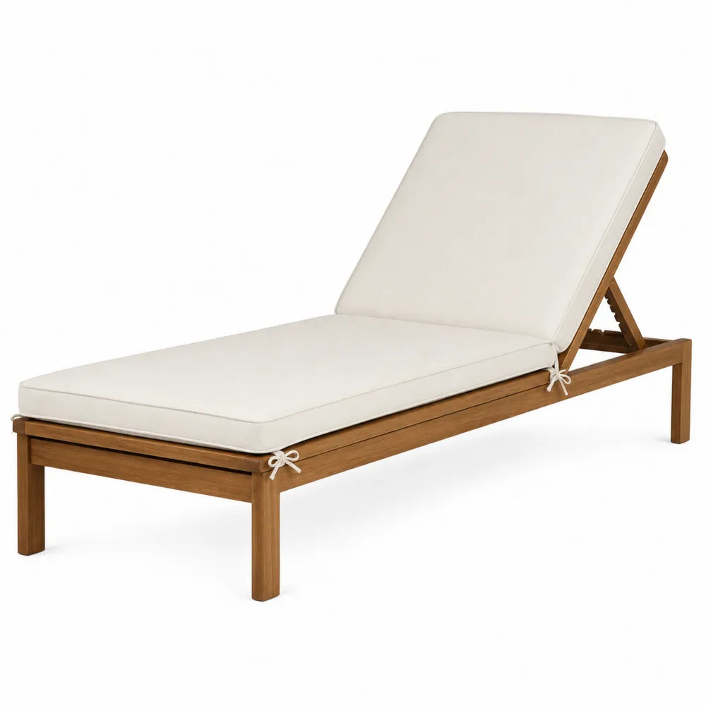Lettino da esterno reclinabile in legno massello con cuscino beige struttura in legno naturale e schienale regolabile
