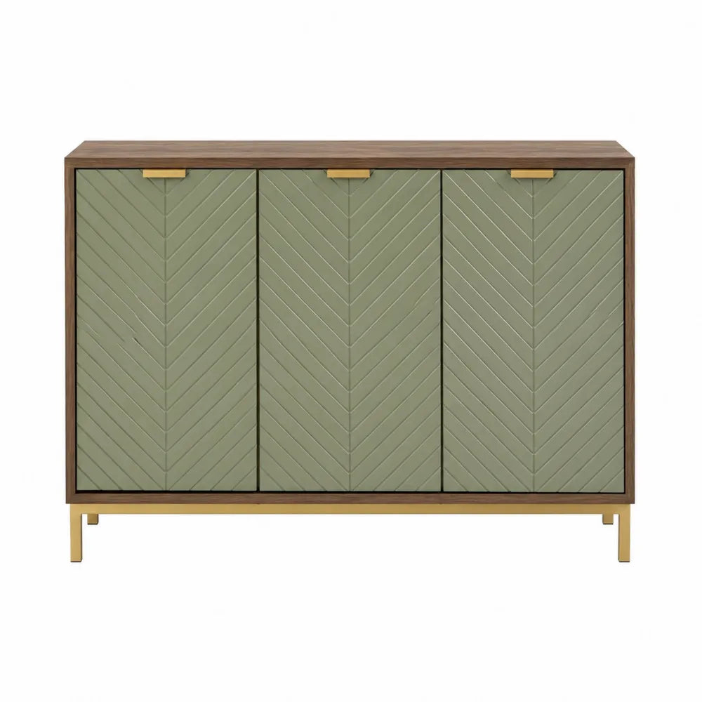 Credenza in MDF verde salvia con ante a chevron tre porte struttura in MDF e acciaio verniciato oro 130 cm larghezza 40 cm profondità 85 cm