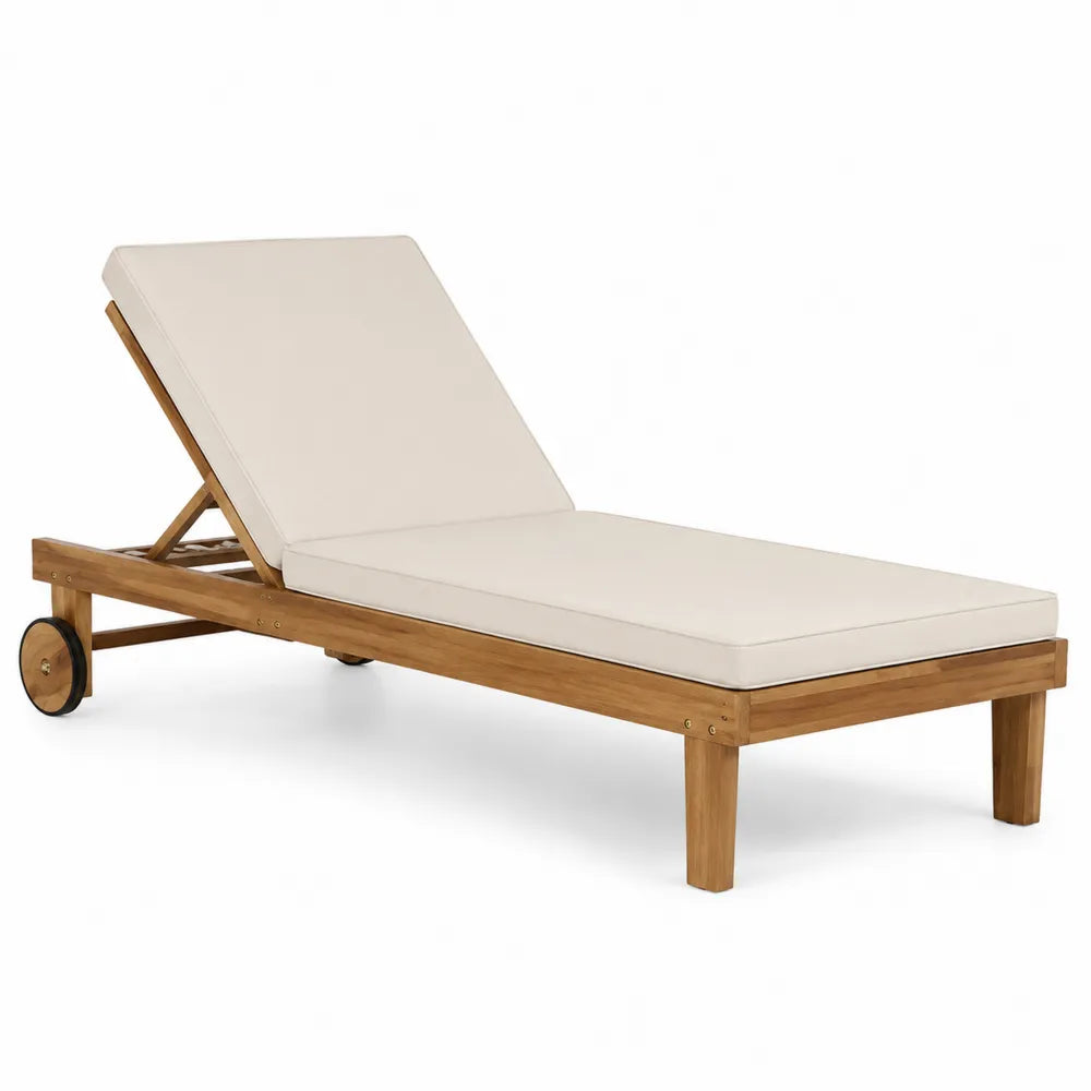 Lettino da esterno in legno massello di acacia con schienale reclinabile e ruote cuscino beige circa 200 x 65 x 30 cm chaise longue regolabile