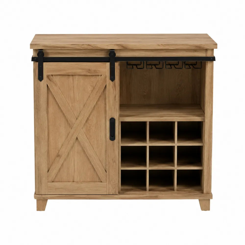 Credenza buffet con anta scorrevole e portabottiglie struttura in MDF effetto rovere gambe in legno e metallo nero dimensioni 100 cm x 40 cm x 90 cm