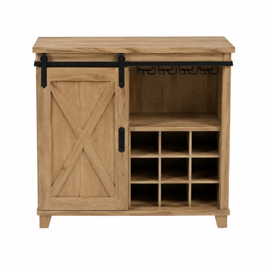 Credenza buffet con anta scorrevole e portabottiglie struttura in MDF effetto rovere gambe in legno e metallo nero dimensioni 100 cm x 40 cm x 90 cm