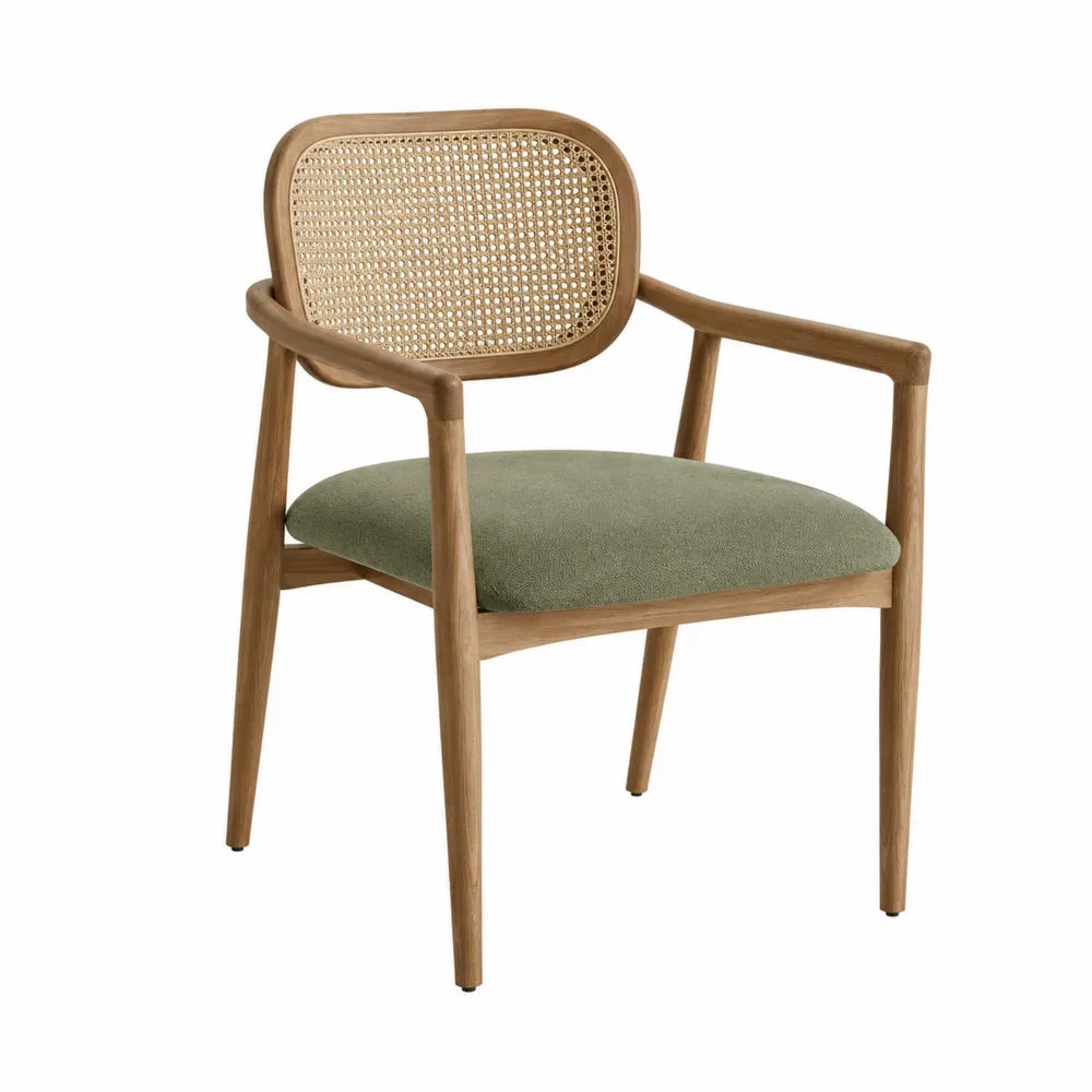 Sedia da pranzo con braccioli 55 x 58 x 80 cm struttura in legno massello schienale in rattan intrecciato seduta imbottita tessuto verde