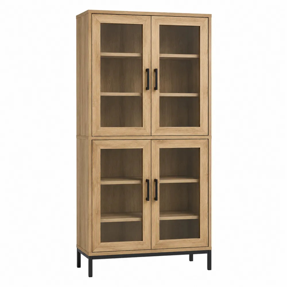 Vetrina contenitore in MDF effetto rovere con ante in vetro trasparente 4 porte struttura rettangolare con gambe in metallo nero dimensioni 80 cm x 35 cm x 180 cm