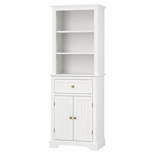 Credenza contenitore in MDF bianco con ripiani aperti cassetto e ante doppie struttura in legno ingegnerizzato bianco con maniglie oro 80 cm larghezza 40 cm profondità 180 cm altezza