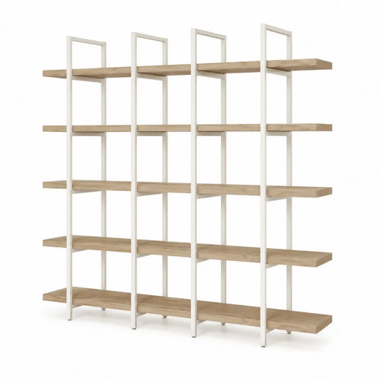 libreria scaffale da ufficio in acciaio verniciato bianco e ripiani in MDF effetto rovere struttura modulare 180 cm x 110 cm x 35 cm