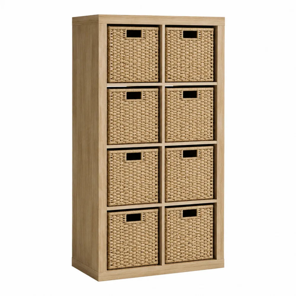 Mobile contenitore da ufficio in legno ingegnerizzato con 8 cestini in rattan PE colore legno naturale 120 x 60 x 30 cm