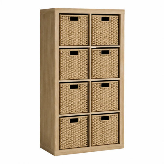 Mobile contenitore da ufficio in legno ingegnerizzato con 8 cestini in rattan PE colore legno naturale 120 x 60 x 30 cm