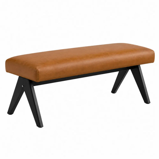 Panca imbottita in ecopelle PU marrone con struttura in metallo nero gambe inclinate 120 cm x 40 cm x 45 cm