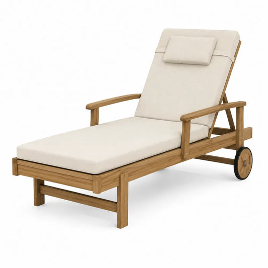 Chaise longue da esterno in legno massello di teak con ruote schienale regolabile cuscino avorio 200 cm x 65 cm x 85 cm