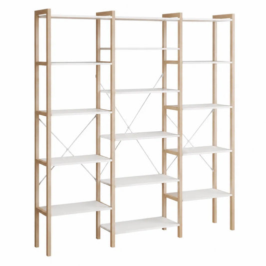 Libreria scaffale modulare a più colonne in legno ingegnerizzato e metallo colore bianco e legno naturale